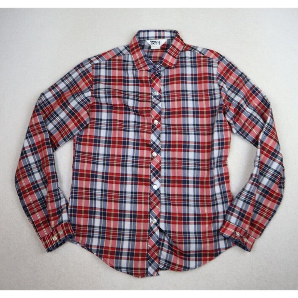 VINTAGE WOMEN'S RED WHITE BLUE PLAID LONG SLEEVE BUTTON-UP TOP - TRY 1 - SIZE 9